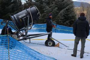 Clearwater Ski Hill volunteers, along with multiple other community organizations and businesses, all pitched in to bring a snow maker to town to be used at the bunny hill. Loaned by Sun Peaks, volunteers were hard at work on Friday (Jan. 23), Saturday (Jan. 24), and Sunday (Jan. 25), getting everything in line to make the snow gun run. (Josh Fischlin/Clearwater Times)